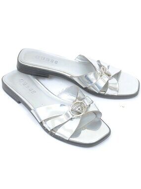 GUESS Women's 6.5 Metallic Silver Strappy Slide Flat Sandals Vacay‎ Resortwear